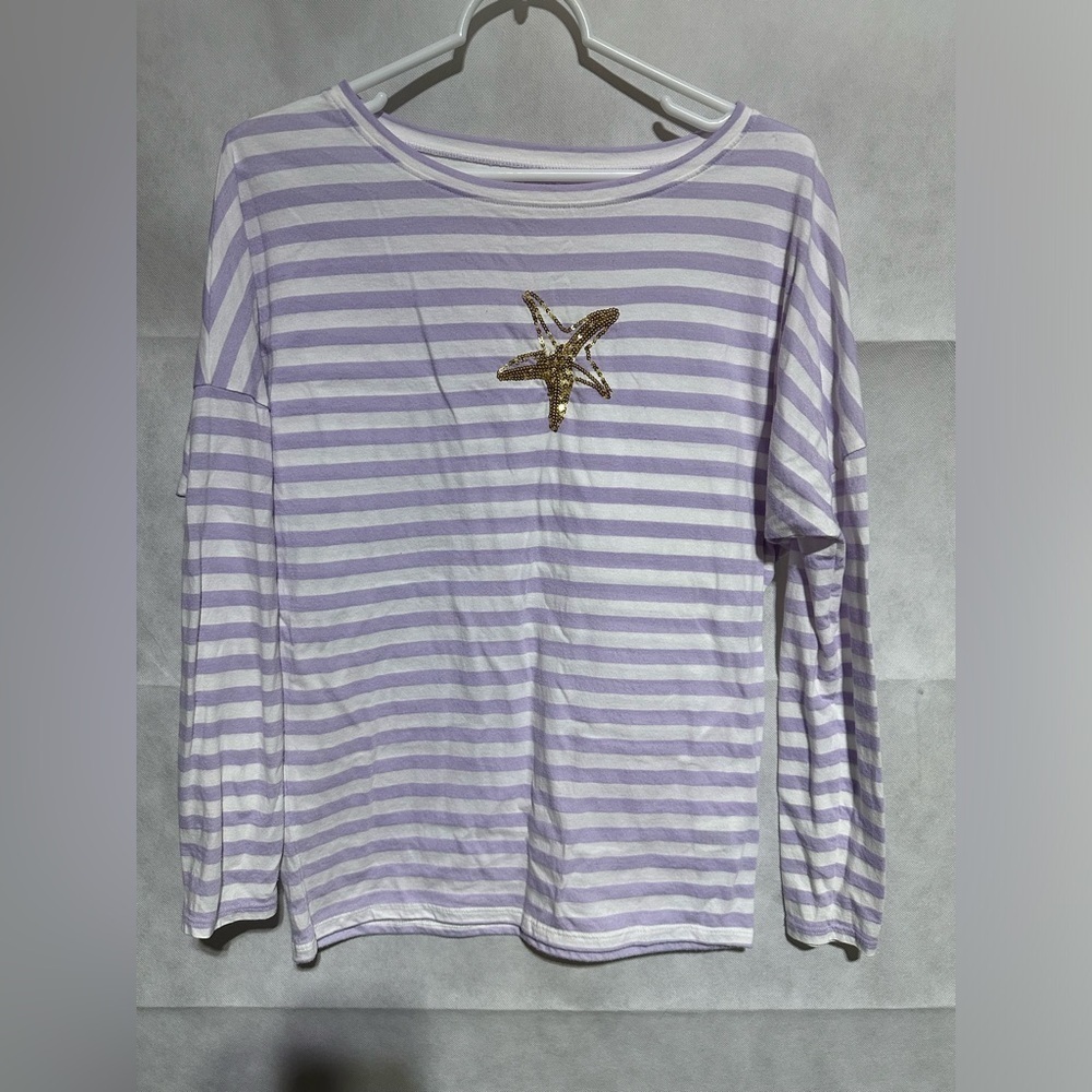 Lilly Pulitzer Women’s Sz S Striped Top Gold Sequin Starfish Cotton T Tee 47293